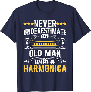 Never Underestimate An Old Man With A Harmonica Harmonicist T-Shirt - T-Shirt | Navy