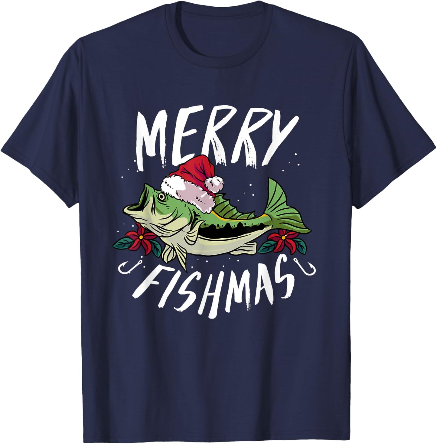 Funny Christmas Themed Bass Fishing design - Merry Fishmas T-Shirt - T-Shirt | Navy