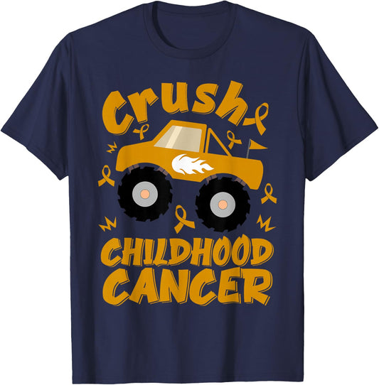 Crush Childhood Cancer Awareness Monster Truck & Gold Ribbon T-Shirt - T-Shirt | Navy