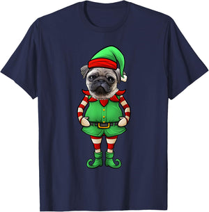 Funny Christmas Elf Pug Dog T-Shirt - T-Shirt | Navy
