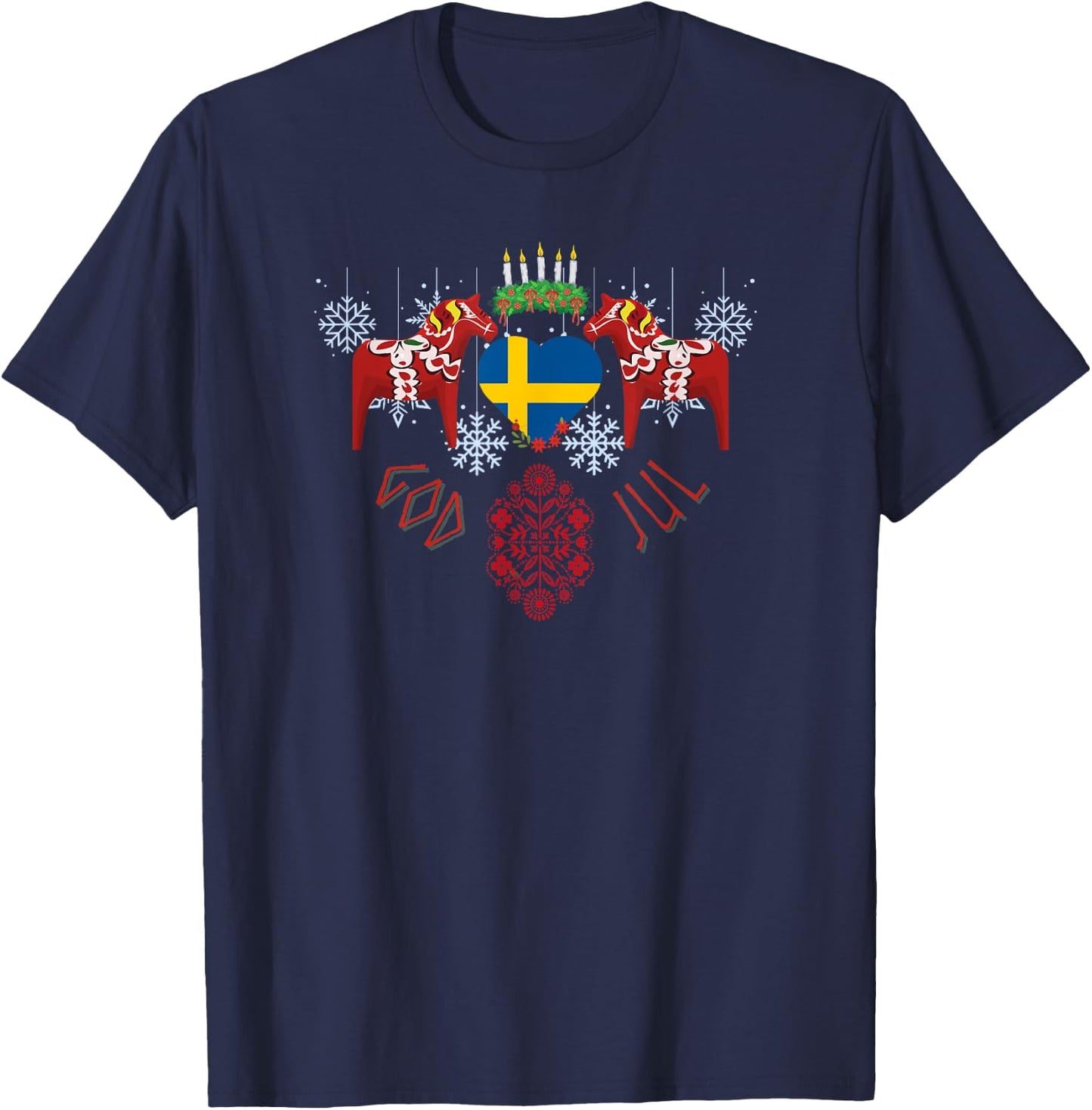 God Jol Sweden flag Swedish dala horse Christmas Santa Lucia T-Shirt - T-Shirt | Navy