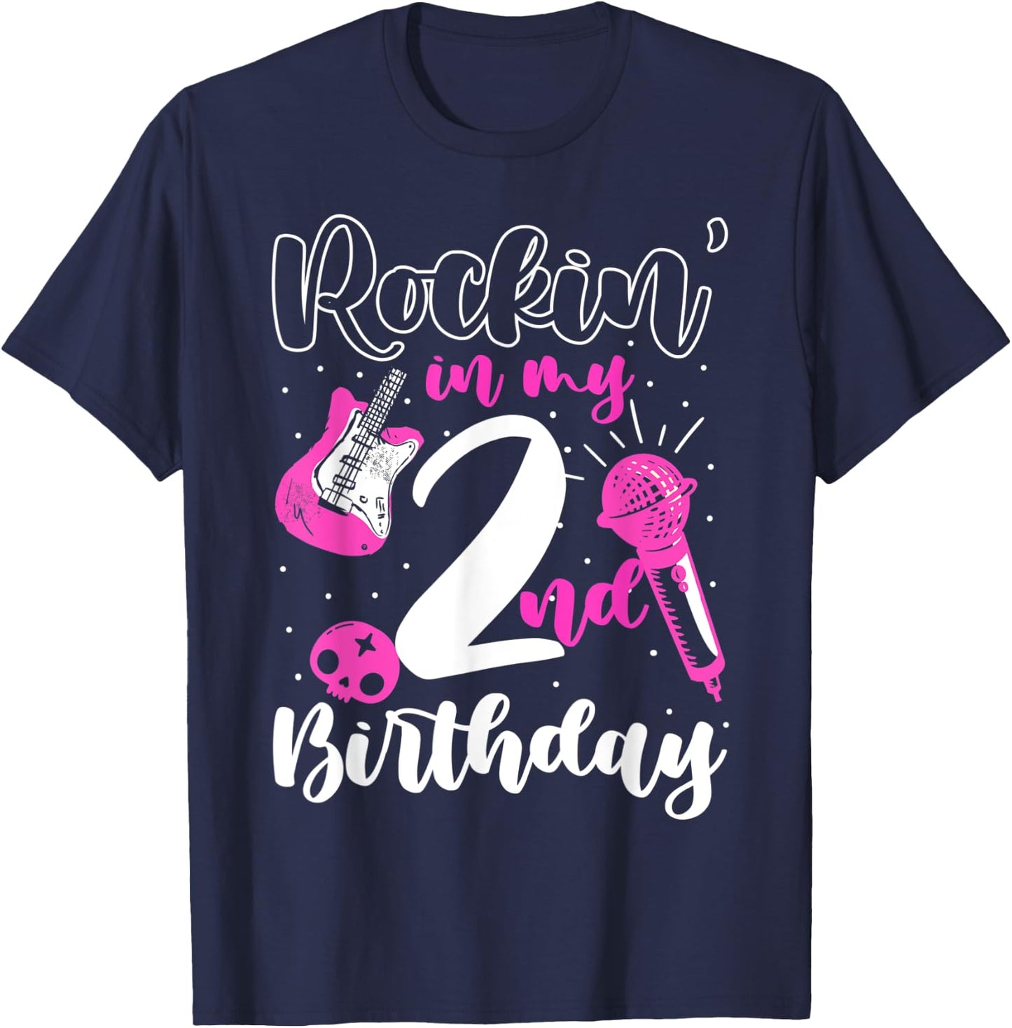 Girls Rockstar Birthday Rock Star Themed Guitar 2nd Birthday T-Shirt - T-Shirt | Navy