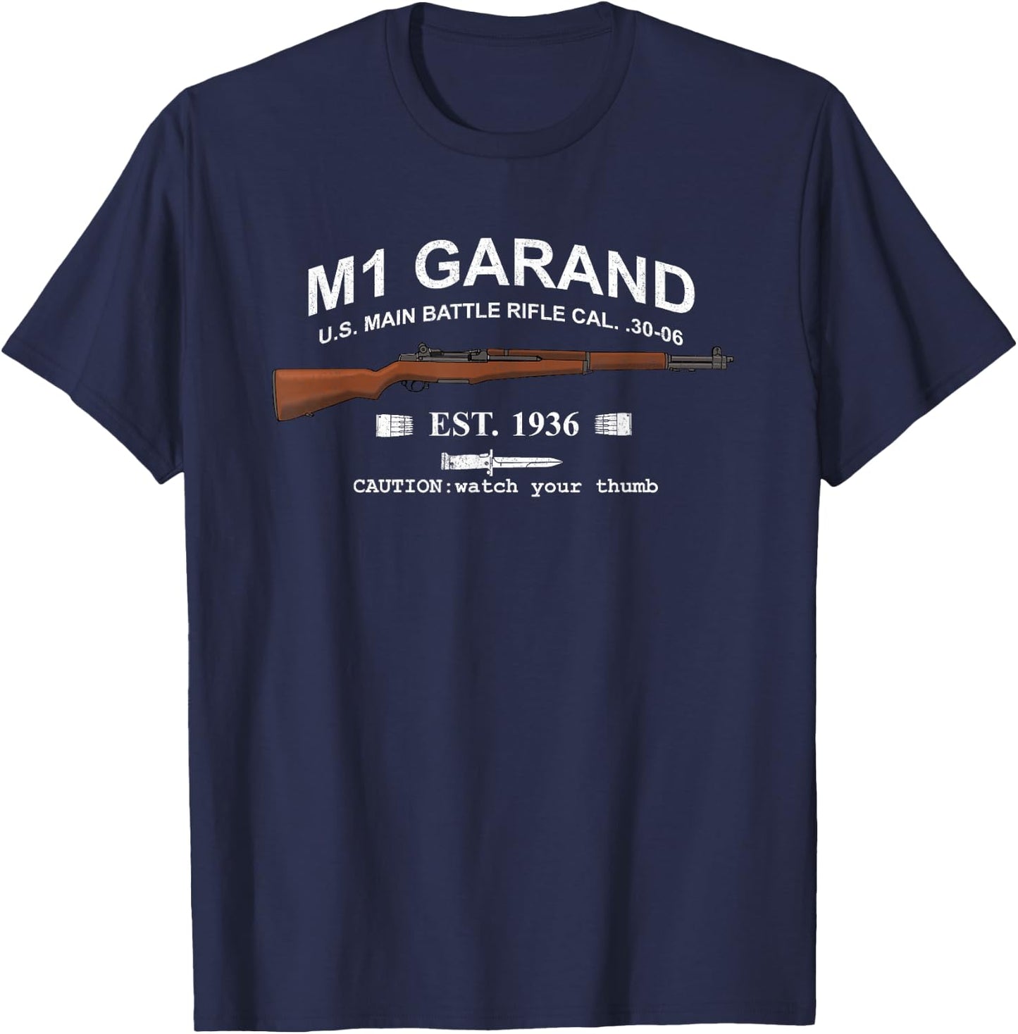 M1 Garand Rifle Gun WWII Watch Your Thumb EST 1936 Graphic T-Shirt - T-Shirt | Navy