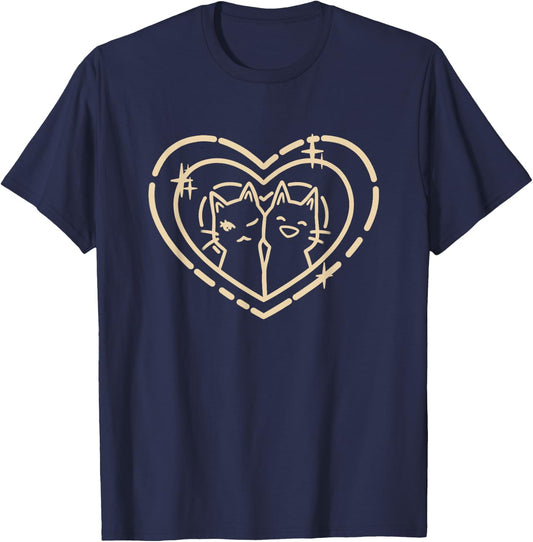Cute Kawaii Y2K Coquette Heart with Cats T-Shirt - T-Shirt | Navy