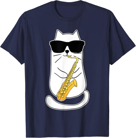 Funny Saxophone Cat Musician Jazz Music Lover T-Shirt - T-Shirt | Navy