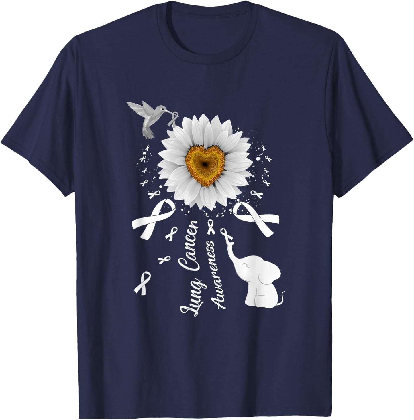Sunflower Hummingbird Elephant Lung Cancer Awareness T-Shirt - T-Shirt | Navy