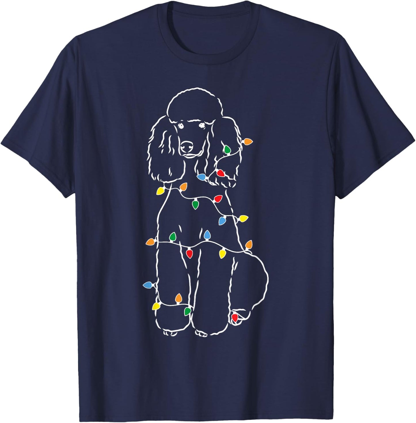 Funny Poodle Christmas Shirt - Cute Poodle With Christmas Lights - Adults - Black - Short Sleeve T-Shirt - T-Shirt | Navy