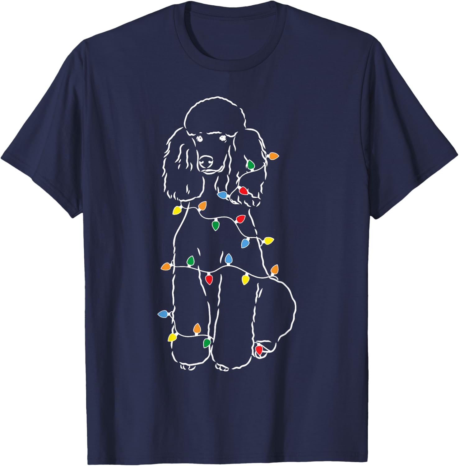 Funny Poodle Christmas Shirt - Cute Poodle With Christmas Lights - Adults - Black - Short Sleeve T-Shirt - T-Shirt | Navy