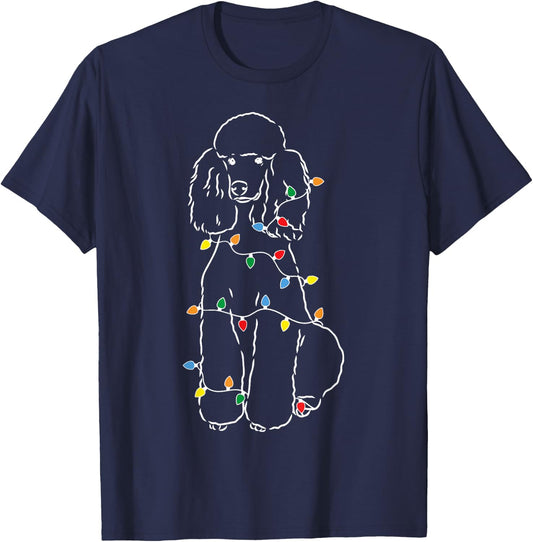 Funny Poodle Christmas Shirt - Cute Poodle With Christmas Lights - Adults - Black - Short Sleeve T-Shirt - T-Shirt | Navy