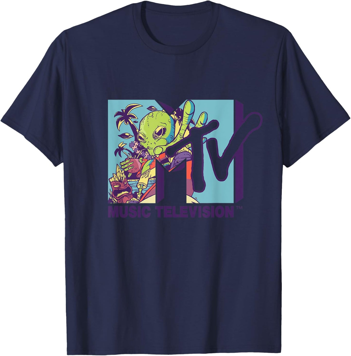Mademark x MTV - The official MTV Logo with an alien drinking milk of coconut T-Shirt - T-Shirt | Navy