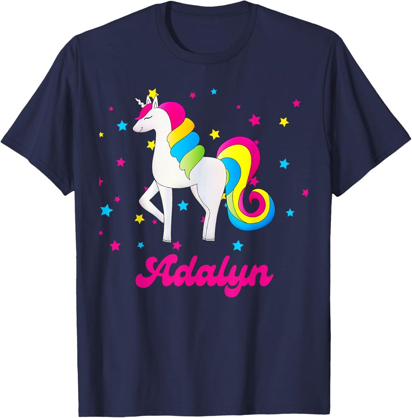 Cute Rainbow Unicorn Pink and Blue Personalized Adalyn T-Shirt - T-Shirt | Navy
