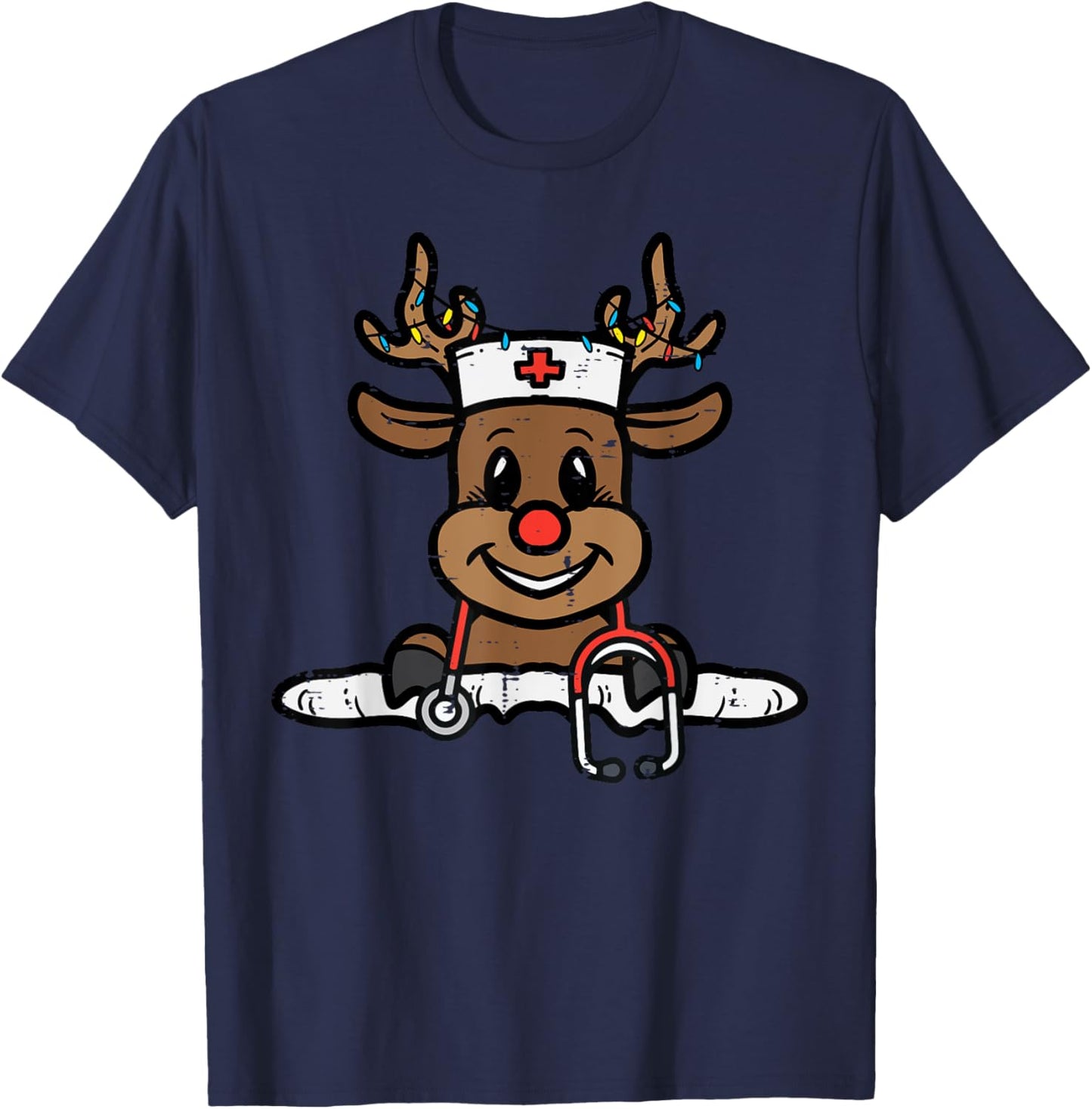 Christmas Nurse Reindeer Xmas Scrub Top Men Women RN ICU ER T-Shirt - T-Shirt | Navy