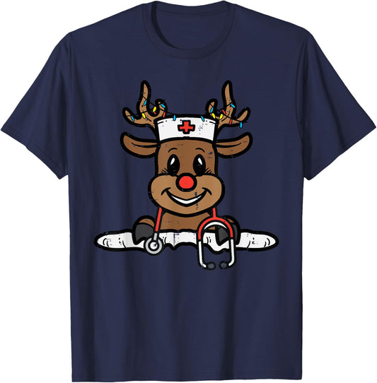 Christmas Nurse Reindeer Xmas Scrub Top Men Women RN ICU ER T-Shirt - T-Shirt | Navy