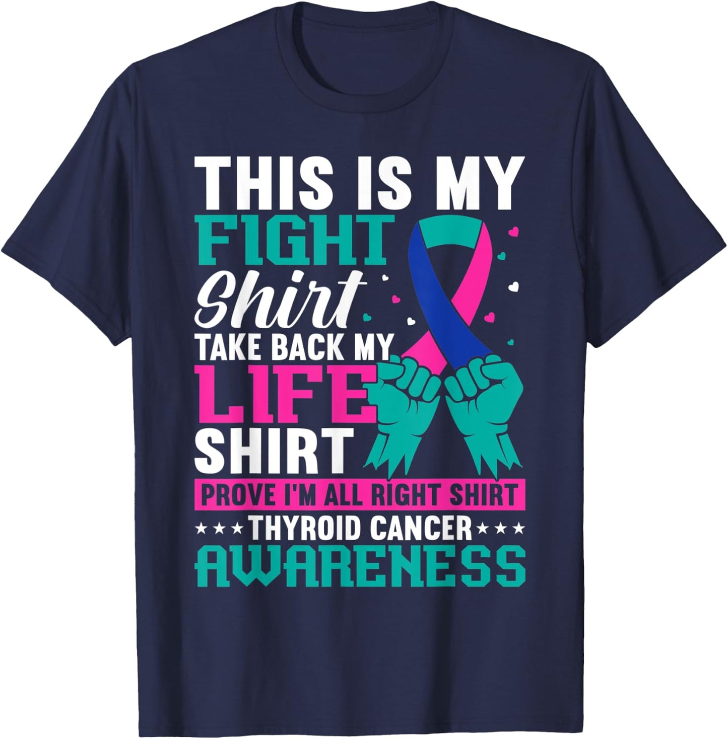 Thyroid Warrior Teal Purple Ribbon Thyroid Cancer Awareness T-Shirt - T-Shirt | Navy