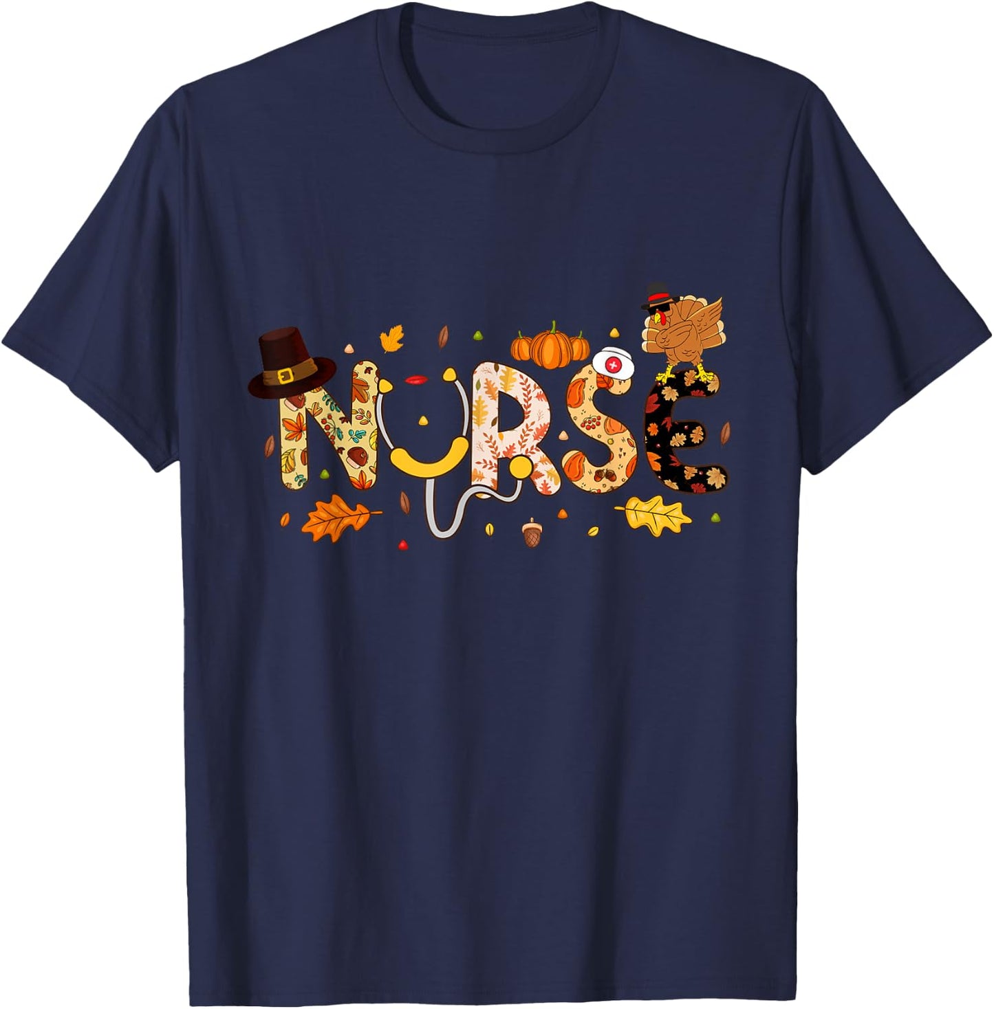Nurse Thanksgiving Health Worker Nurse Nursing Fall Turkey T-Shirt - T-Shirt | Navy