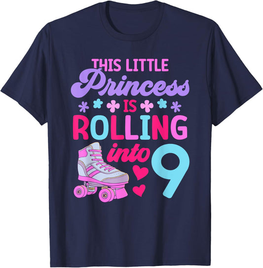 Rolling into 9 Girls 9th Birthday Roller Skates T-Shirt - T-Shirt | Navy