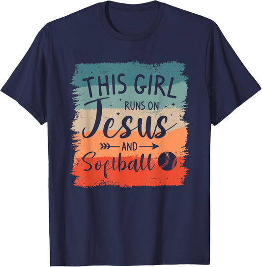 This Girl Runs On Jesus And Softball Softballer T-Shirt - T-Shirt | Navy