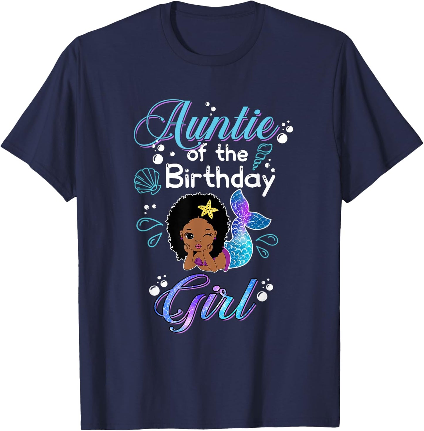 Auntie Of The Birthday Mermaid African American Kids Women T-Shirt - T-Shirt | Navy