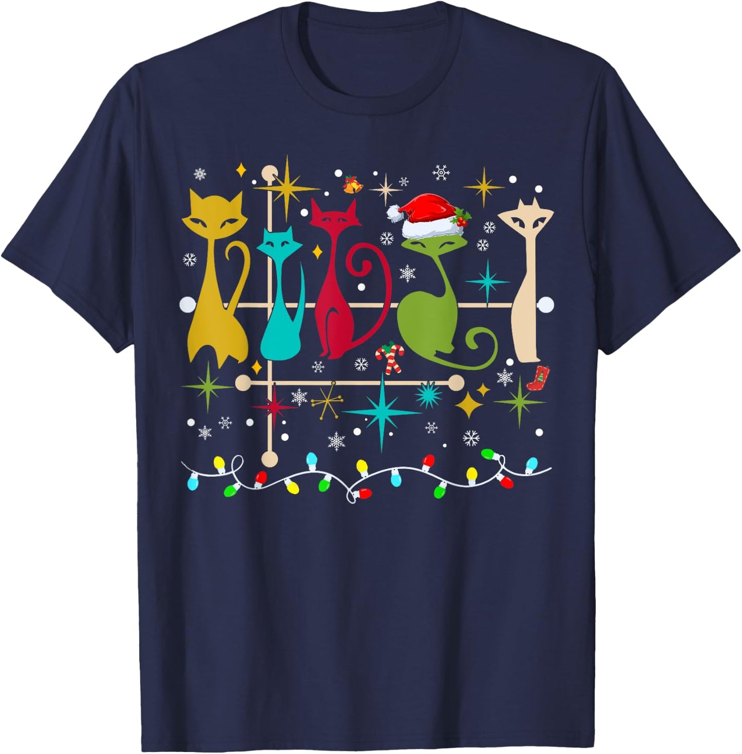 Mid Century Modern Look Cats Christmas Retro 50s 60s Xmas T-Shirt - T-Shirt | Navy