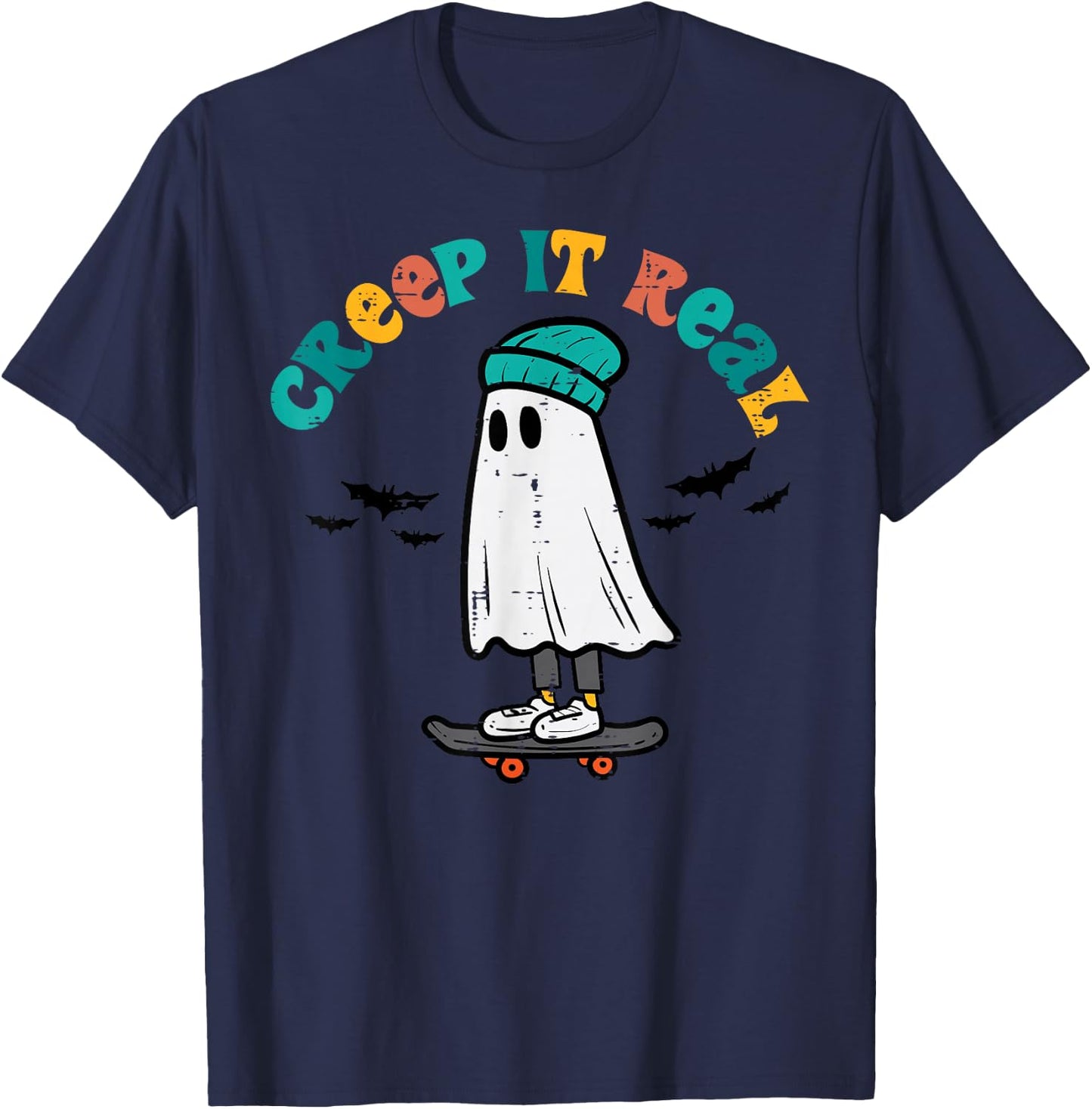 Ghost Skateboard Creep It Real Retro Halloween Skater Boys T-Shirt - T-Shirt | Navy