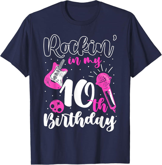 Girl Rockstar Birthday Rock Star Themed Guitar 10th Birthday T-Shirt - T-Shirt | Navy