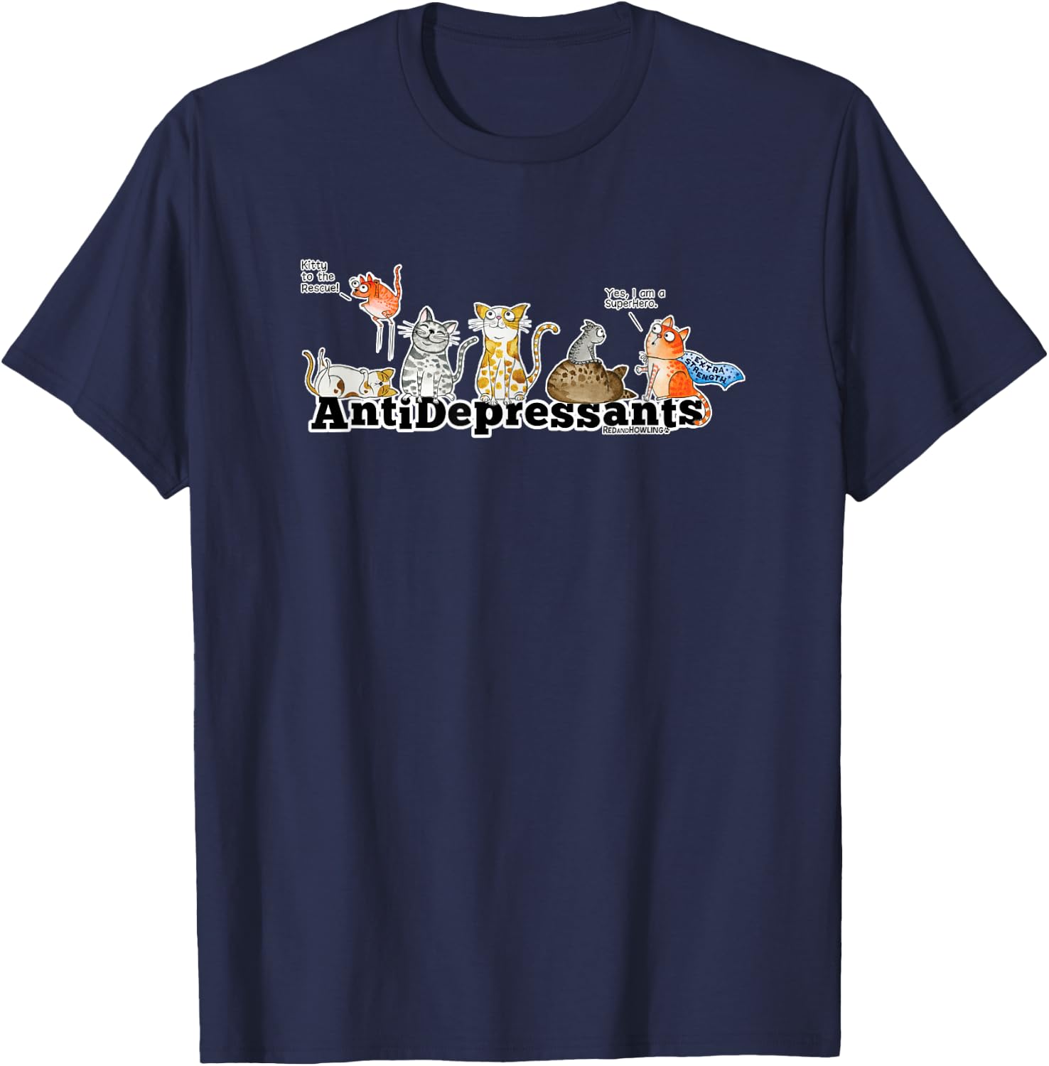 Red and Howling Antidepressants Cats T-Shirt - T-Shirt | Navy