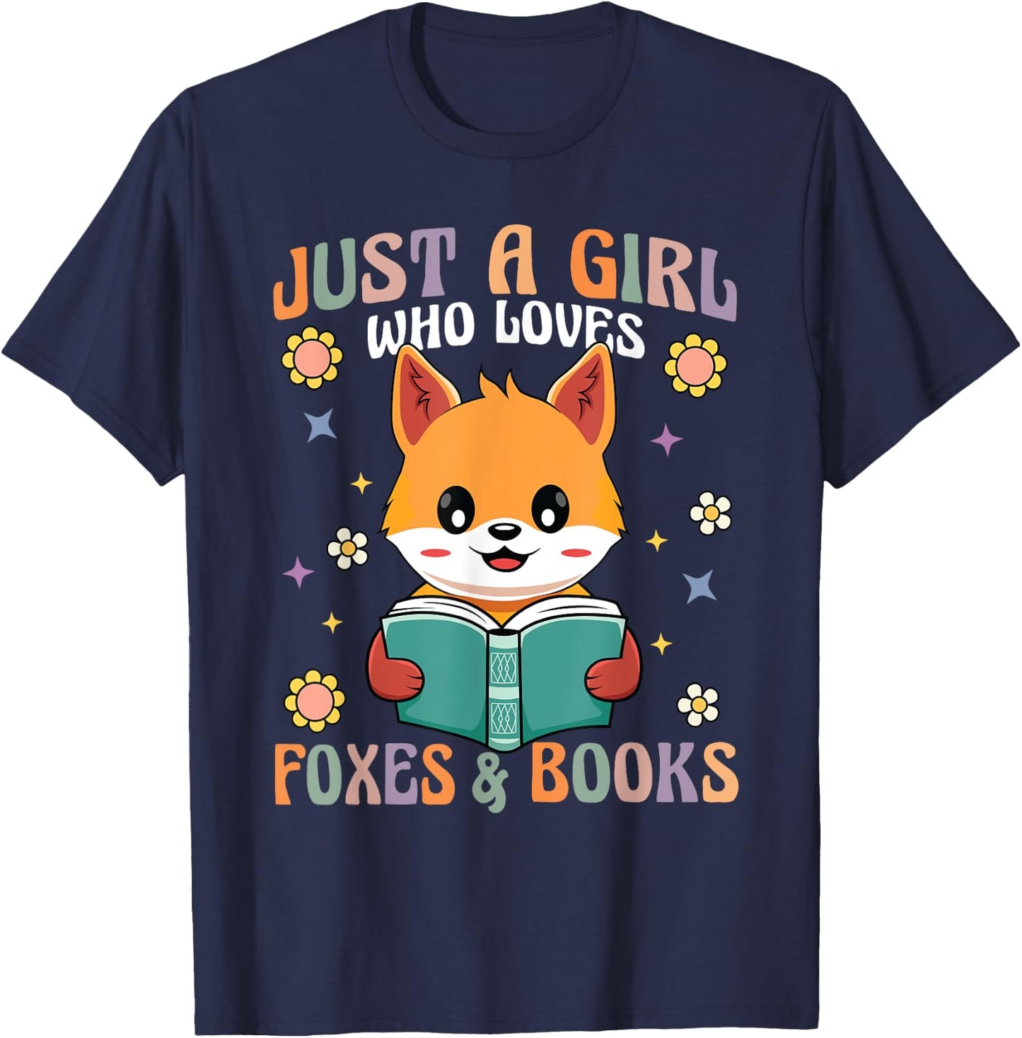 Retro Groovy Just A Girl Who Loves Foxes And Books Funny T-Shirt - T-Shirt | Navy