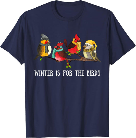 Cardinal & Chickadee Birds Branch, Winter is for the Birds T-Shirt - T-Shirt | Navy