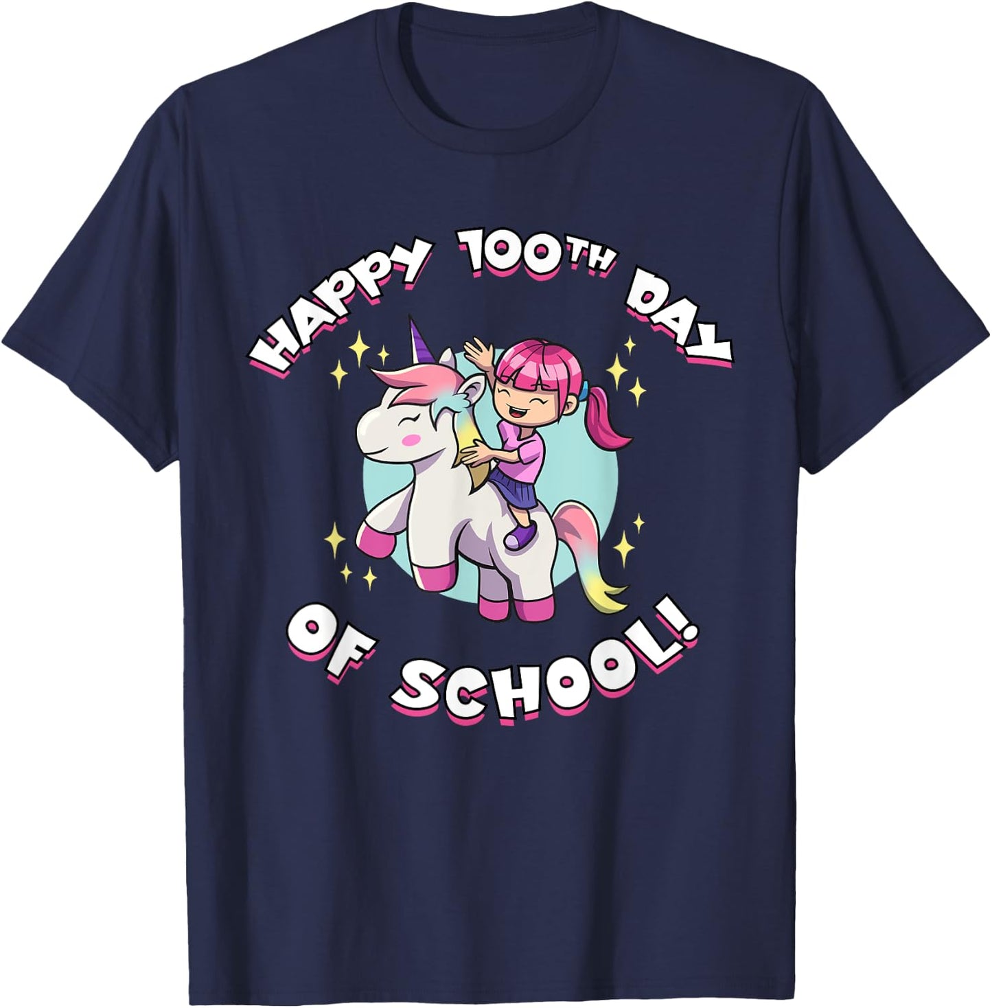 Happy 100th Day of School Girl Riding Unicorn T-Shirt - T-Shirt | Navy