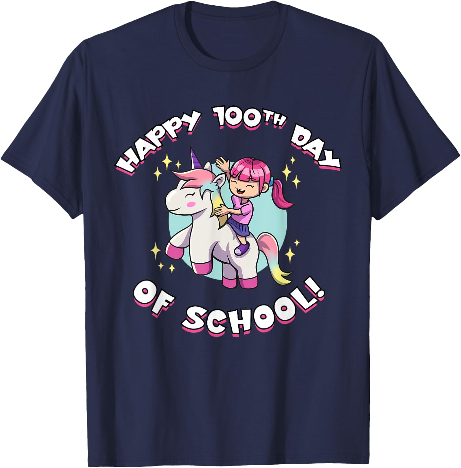 Happy 100th Day of School Girl Riding Unicorn T-Shirt - T-Shirt | Navy