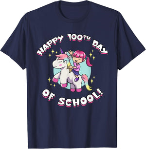 Happy 100th Day of School Girl Riding Unicorn T-Shirt - T-Shirt | Navy
