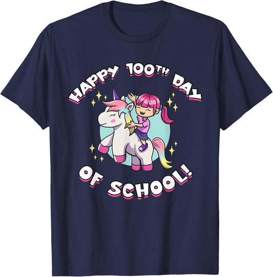 Happy 100th Day of School Girl Riding Unicorn T-Shirt - T-Shirt | Navy