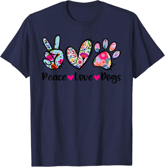 Peace Love Dogs Floral Dog Paw Dog Mom Cute Mother's Day Women Girls Kids T-Shirt - T-Shirt | Navy