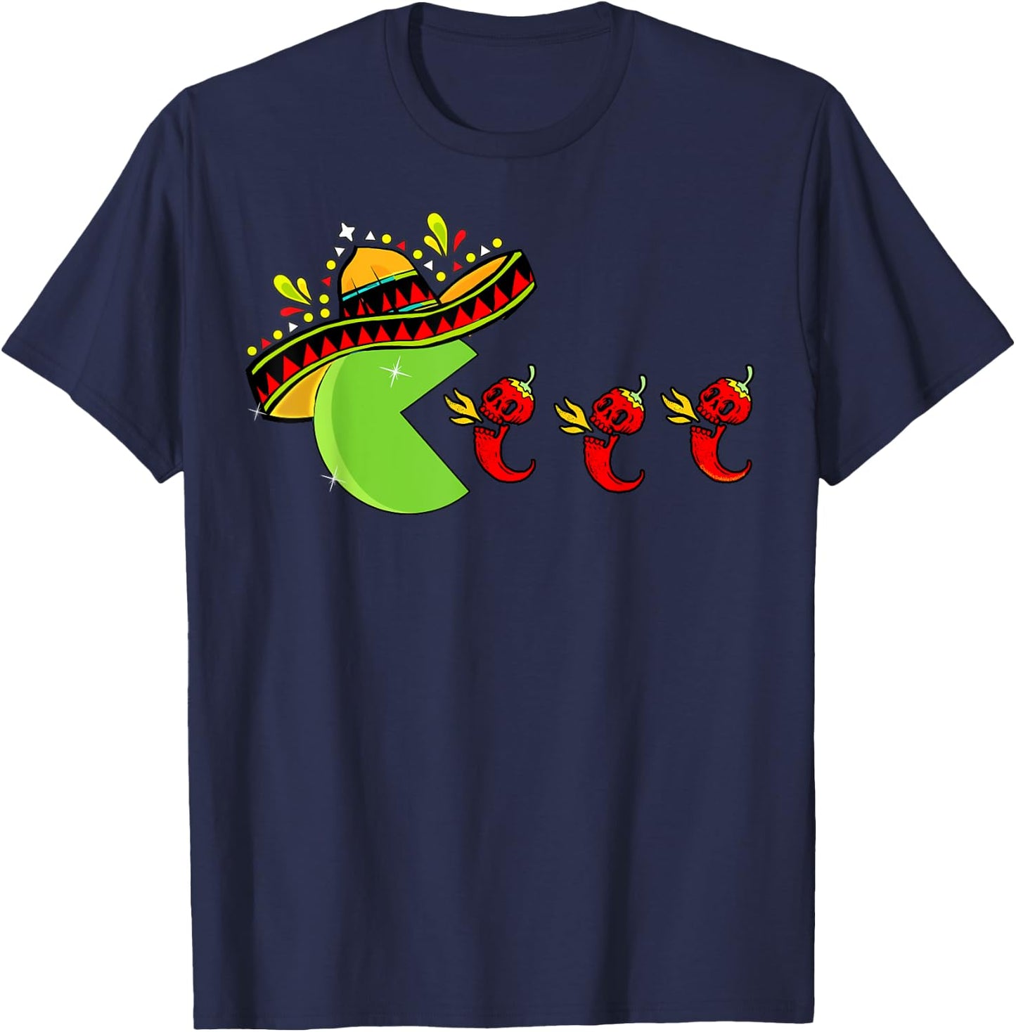 Fun Mexican Sombrero Eating Hot Pepper Skulls Cinco de Mayo T-Shirt - T-Shirt | Navy