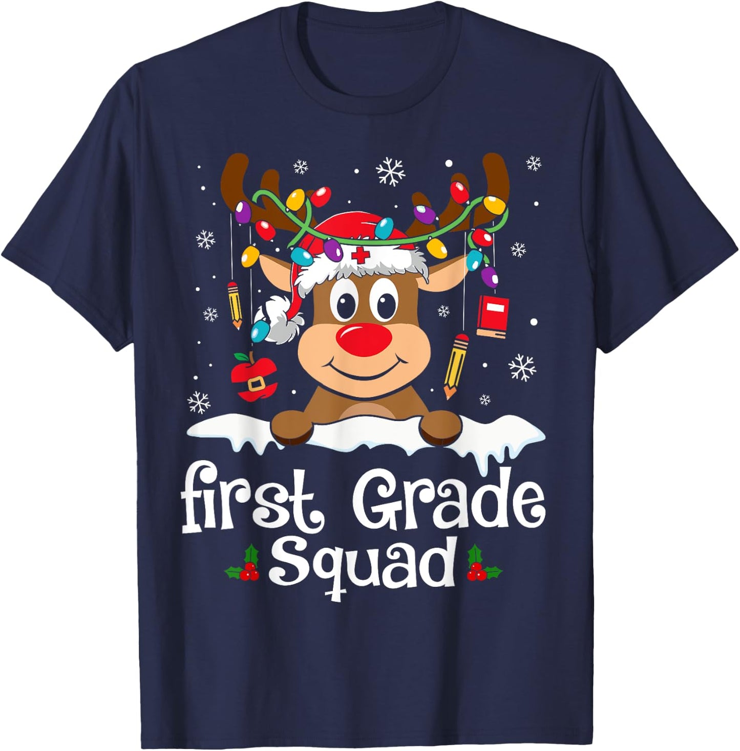 First Grade Teacher Squad Funny Reindeer Teacher Christmas T-Shirt - T-Shirt | Navy