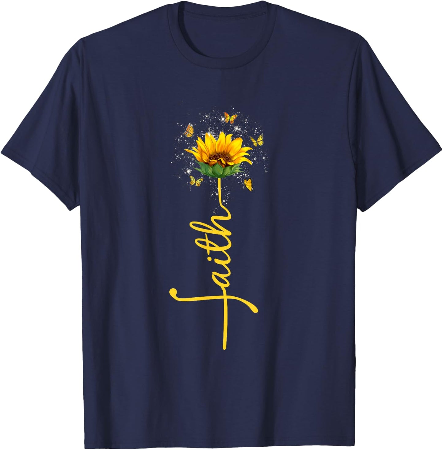 Vintage Faith Cross Sunflower Butterfly Flowers Christians T-Shirt - T-Shirt | Navy