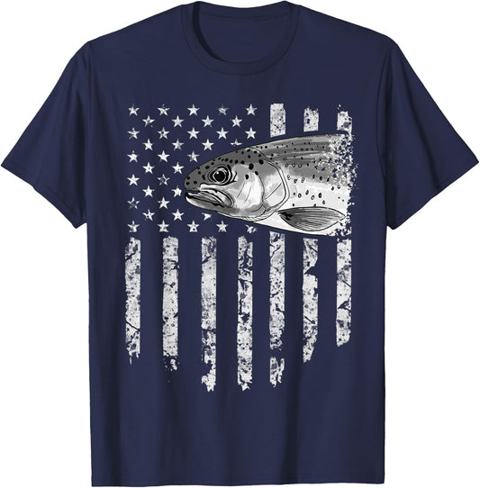 American Flag Rainbow Trout Fly Fishing Vintage Women Men T-Shirt - T-Shirt | Navy