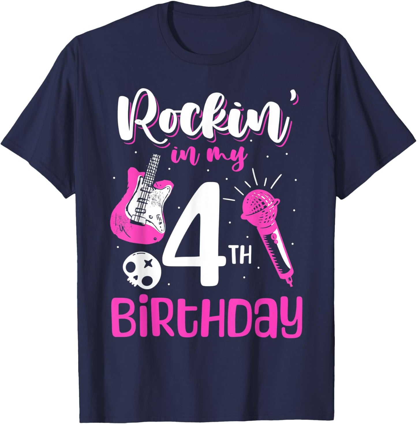 Girls Rockstar Birthday Rock Star Themed Guitar 4th Birthday T-Shirt - T-Shirt | Navy