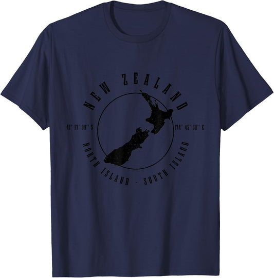 New Zealand Vintage North South Island Map T-Shirt - T-Shirt | Navy