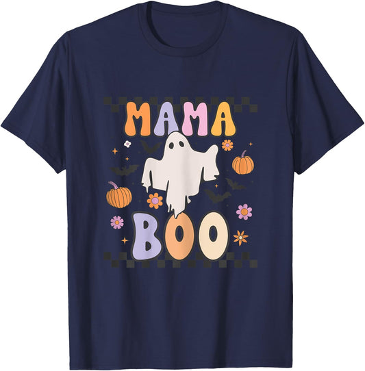 Mama Boo Cute Retro Groovy Ghost Halloween Family Matching T-Shirt - T-Shirt | Navy