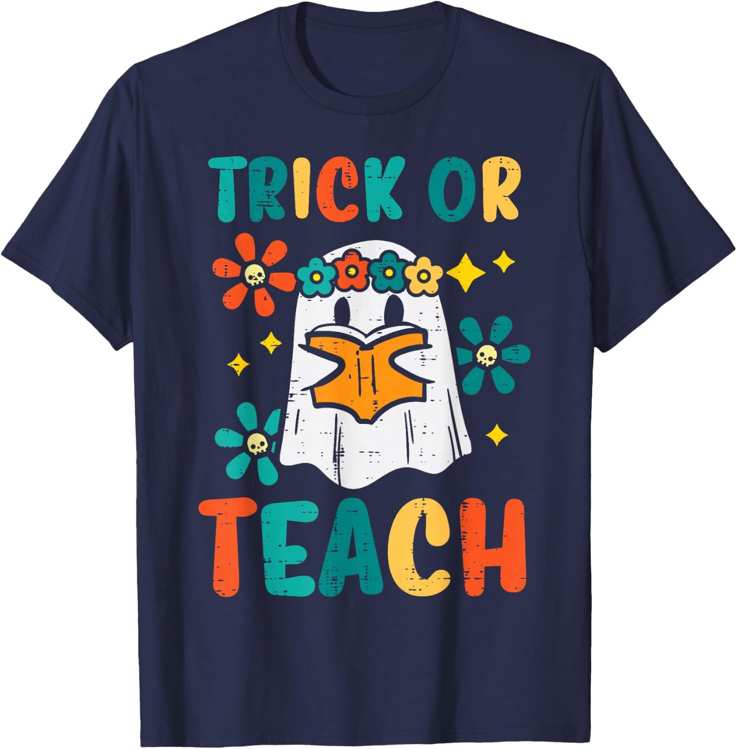 Ghost Books Trick Or Teach Retro Groovy Halloween Teacher T-Shirt - T-Shirt | Navy