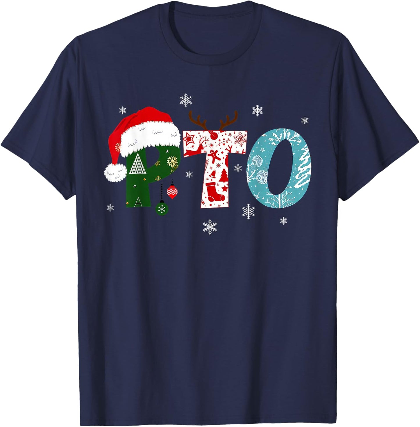 PTO Santa Hat Reindeer Parent Teacher Organization Christmas T-Shirt - T-Shirt | Navy