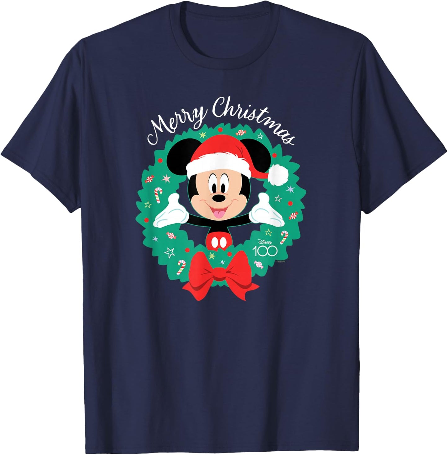 Disney 100 Mickey Mouse Merry Christmas Wreath Holiday D100 T-Shirt - T-Shirt | Navy