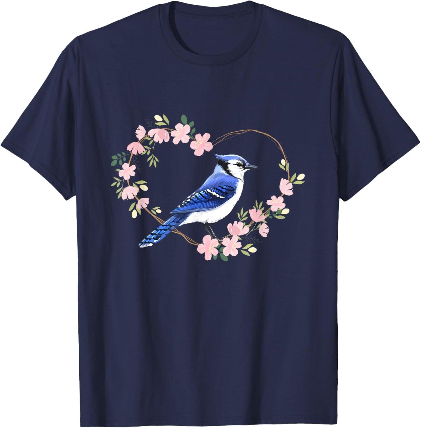 Blue Jay Bird Lover Watching Bidwatcher Birder Flower Heart T-Shirt - T-Shirt | Navy