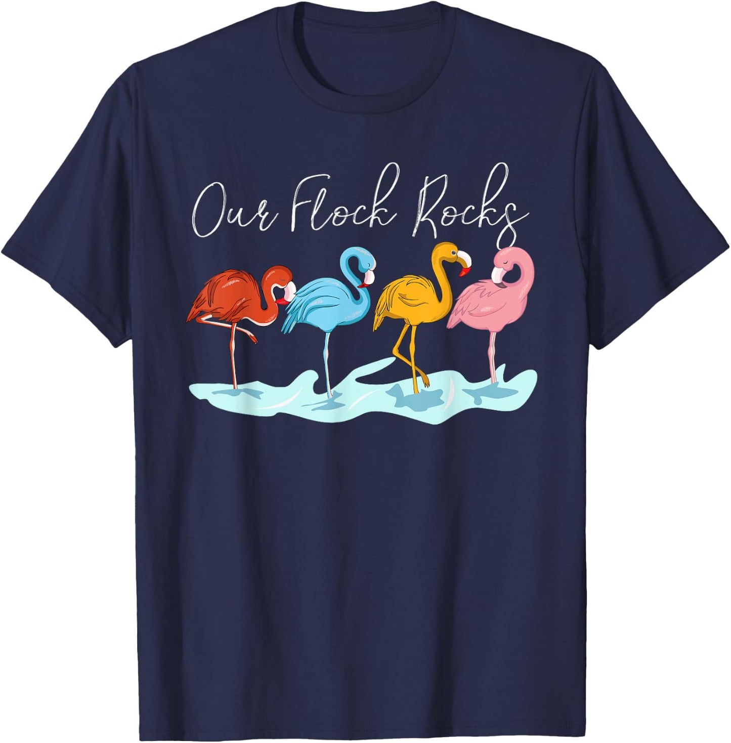 Our Flock Rocks Flamingos Lover Family Vacation Group T-Shirt - T-Shirt | Navy