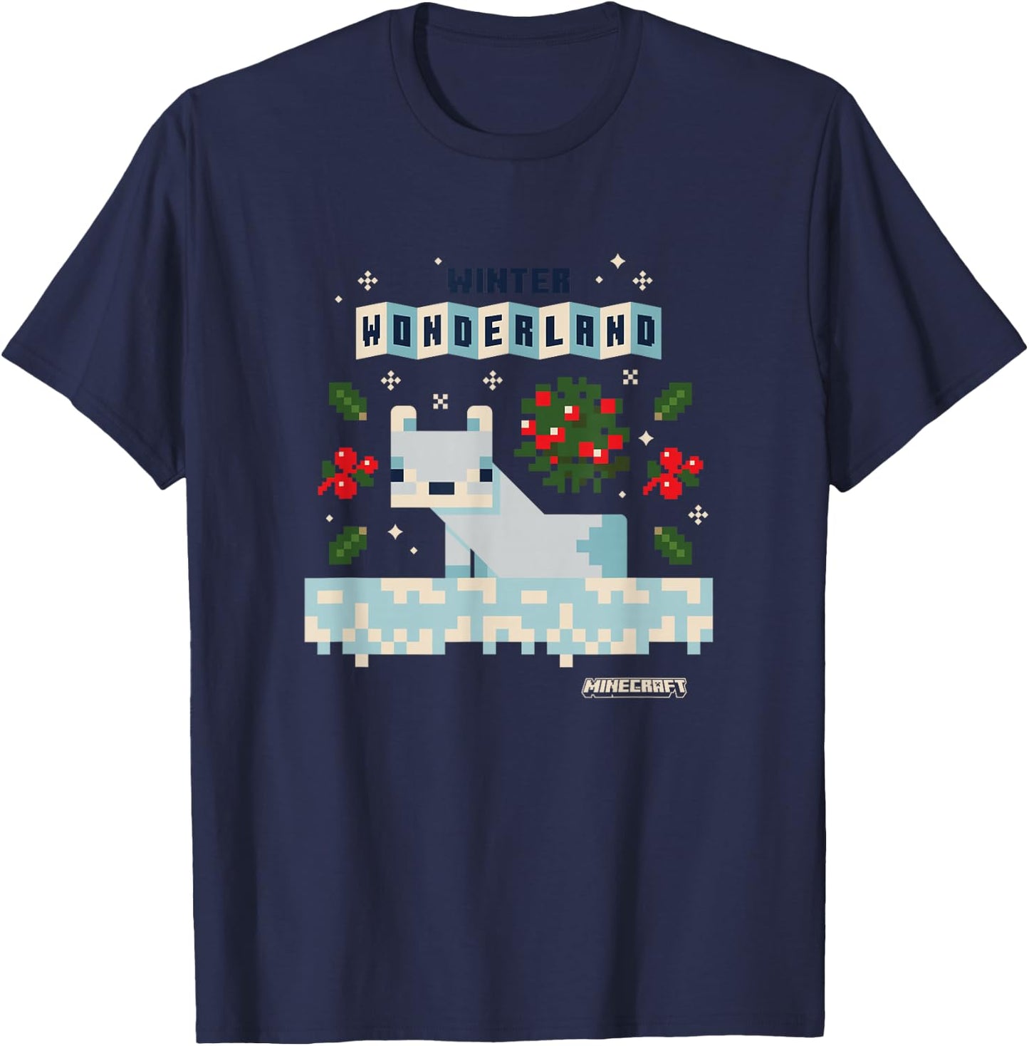 Minecraft Christmas Winter Wonderland Cute Snow Fox Shot T-Shirt - T-Shirt | Navy
