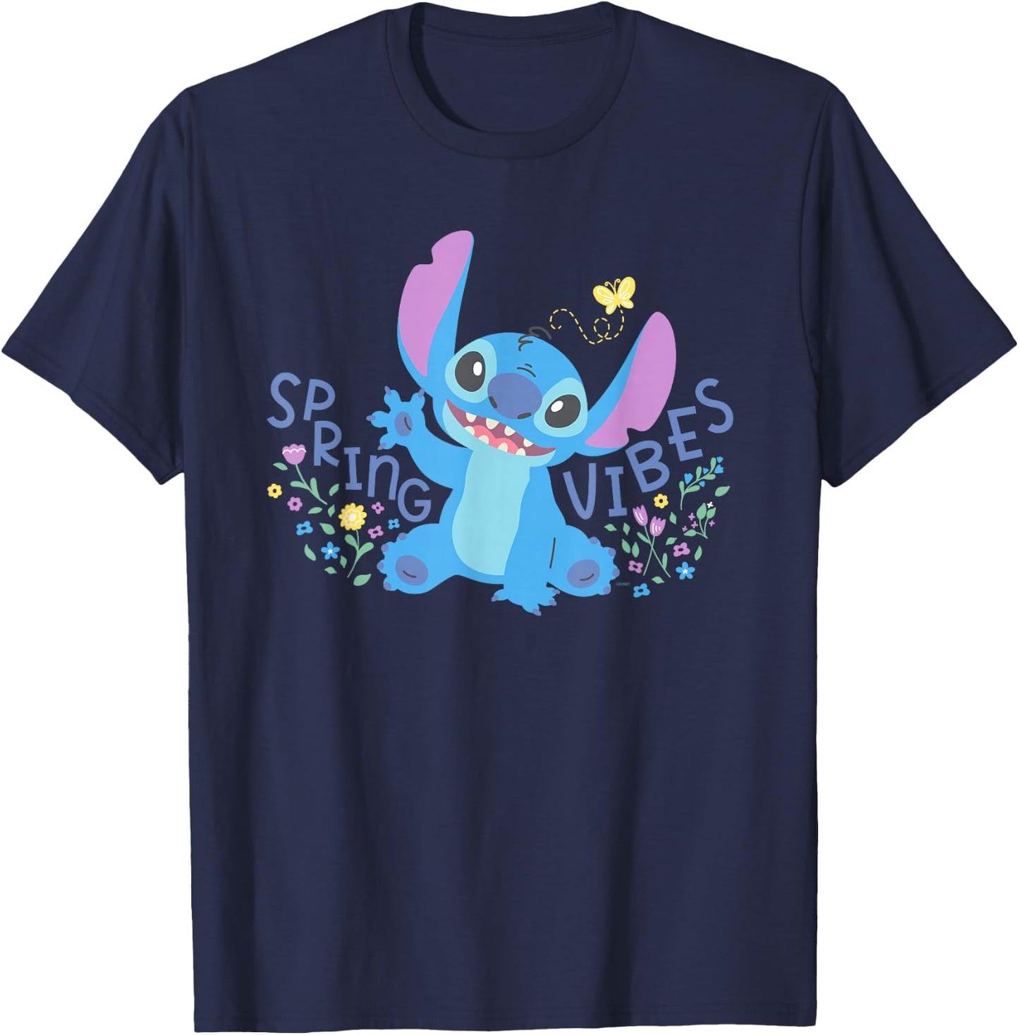 Disney Stitch with Flowers & Butterfly Easter Spring Vibes T-Shirt - T-Shirt | Navy