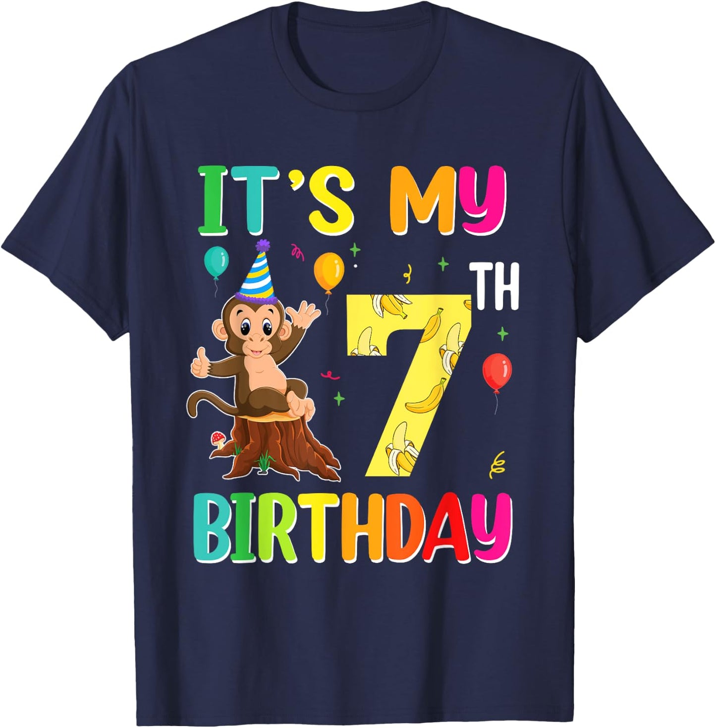 It's My 7th Birthday Monkey 7 Year Old Boy Girl T-Shirt - T-Shirt | Navy