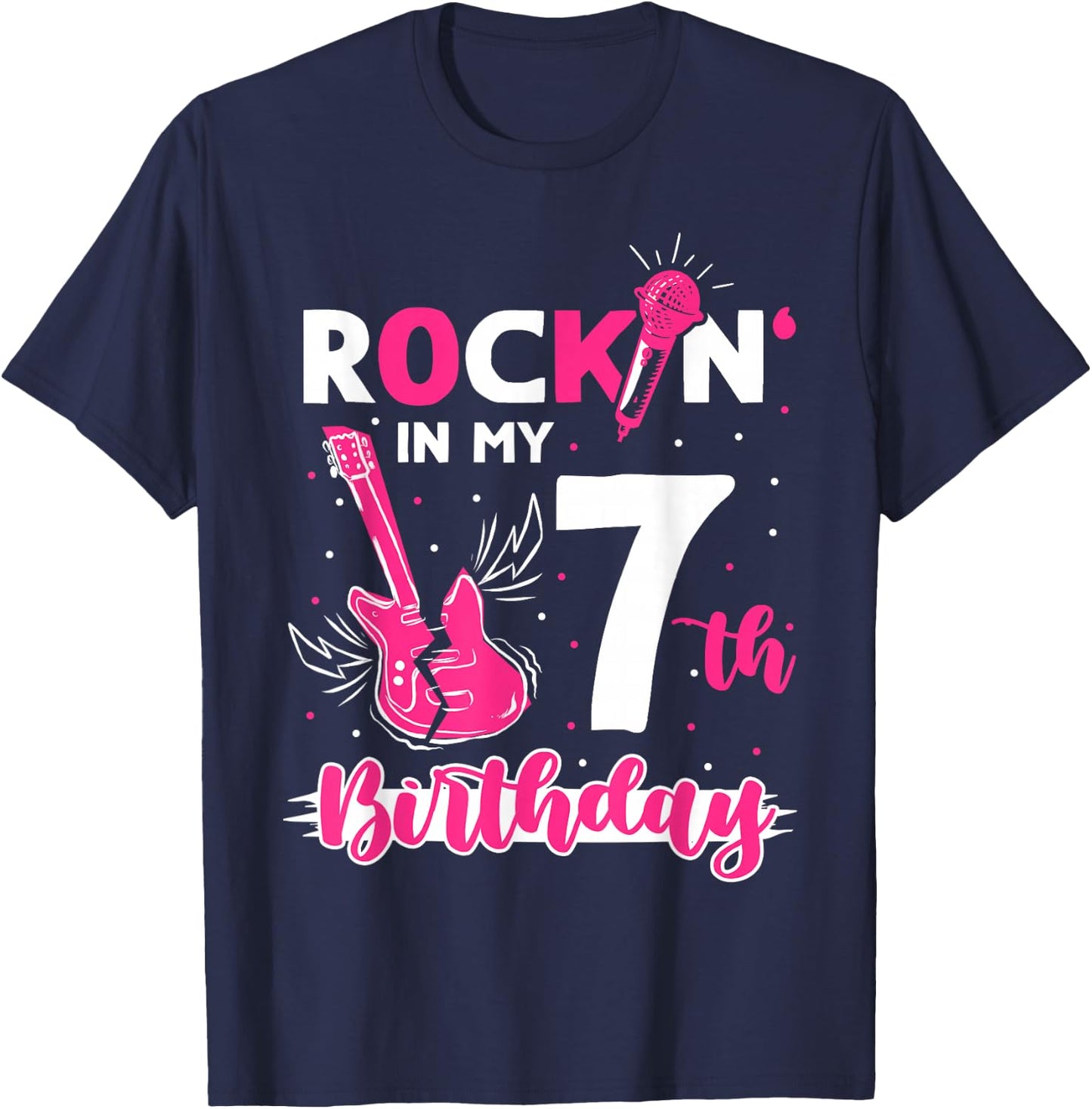 Girls Rockstar Birthday Rock Star Themed Guitar 7th Birthday T-Shirt - T-Shirt | Navy
