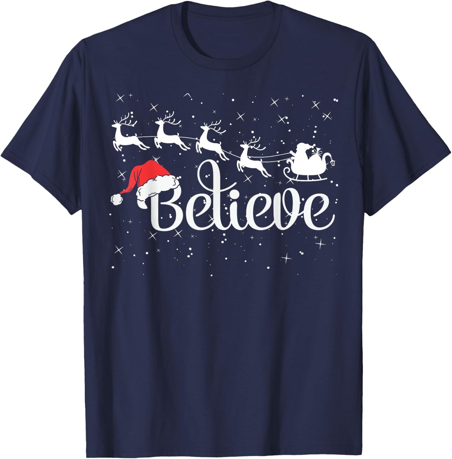 Christmas Believe in Santa with Sleigh Reindeer & Santa Hat T-Shirt - T-Shirt | Navy